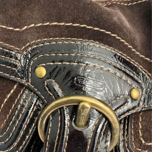 Vintage Coach Purse Handbag Brown Suede Patent Leather - Picture 2 of 3